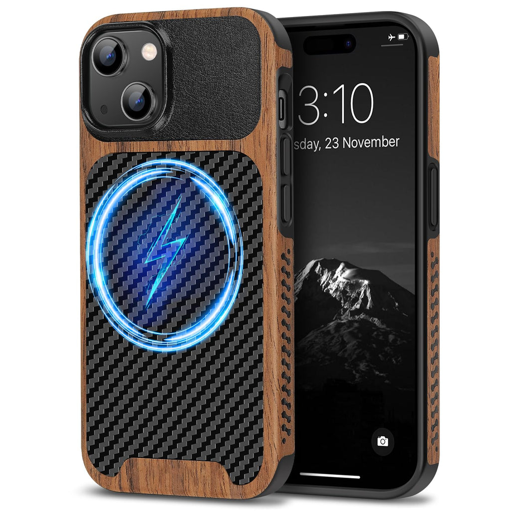 TENDLIN Compatible with iPhone 15 Case Wood Grain with Carbon Fiber Texture Design Leather Hybrid Slim Case (Black)