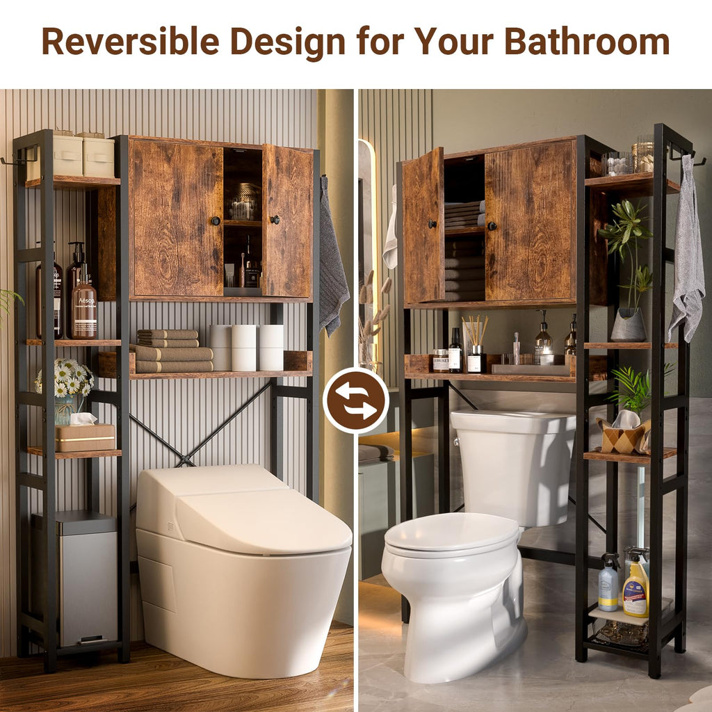 Over The Toilet Storage Cabinet with Doors - 7 Tier Bathroom Organizer with Adjustable Shelf, Freestanding Space Saver Rack Above Toilet Stand with 4 Hooks for Bathroom, Restroom, Laundry, Black