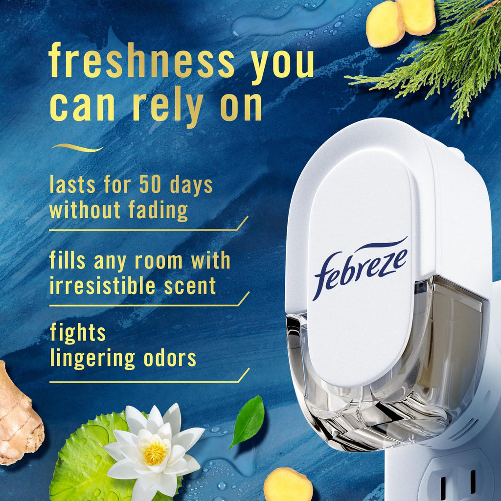 Febreze Plug in Air Freshener, Odor-Fighting Scented Oil Starter Kit, Air Fresheners for Home and Bathroom and Kitchen, Long Lasting for Strong Odors, Ocean Scent, Warmer + 2 Refill