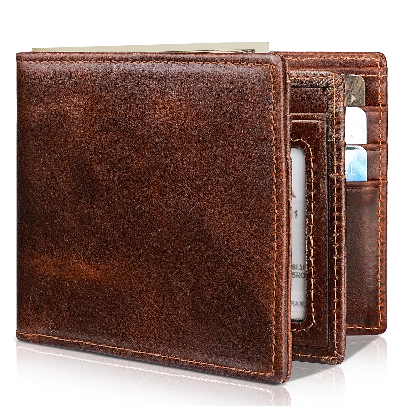 Artpaxy Mens Wallet Genuine Leather Bifold RFID Blocking Wallet for Men with 1 ID Window 13 Card Holders 2 cash pockets 1 Gift Box