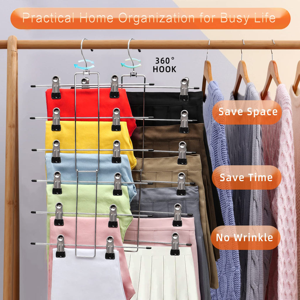 Closet Organizers and Storage, 6 Tier Storage and Organization Pants Hangers Space Saving, Metal Skirt Hangers with Adjustable Clip, 360° Swivel Hook, Dorm Room Essentials for College Students Girls