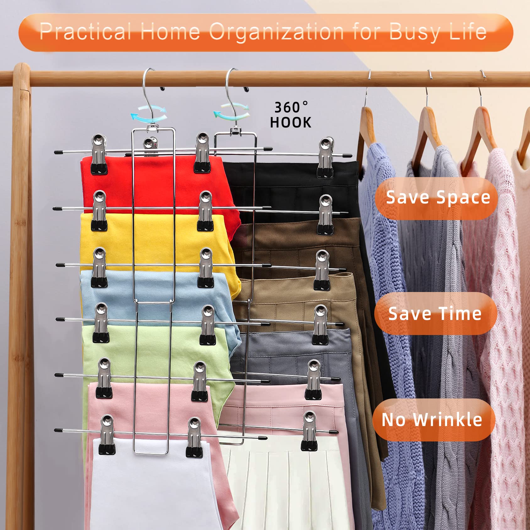 Closet Organizers and Storage, 6 Tier Storage and Organization Pants Hangers Space Saving, Metal Skirt Hangers with Adjustable Clip, 360° Swivel Hook, Dorm Room Essentials for College Students Girls