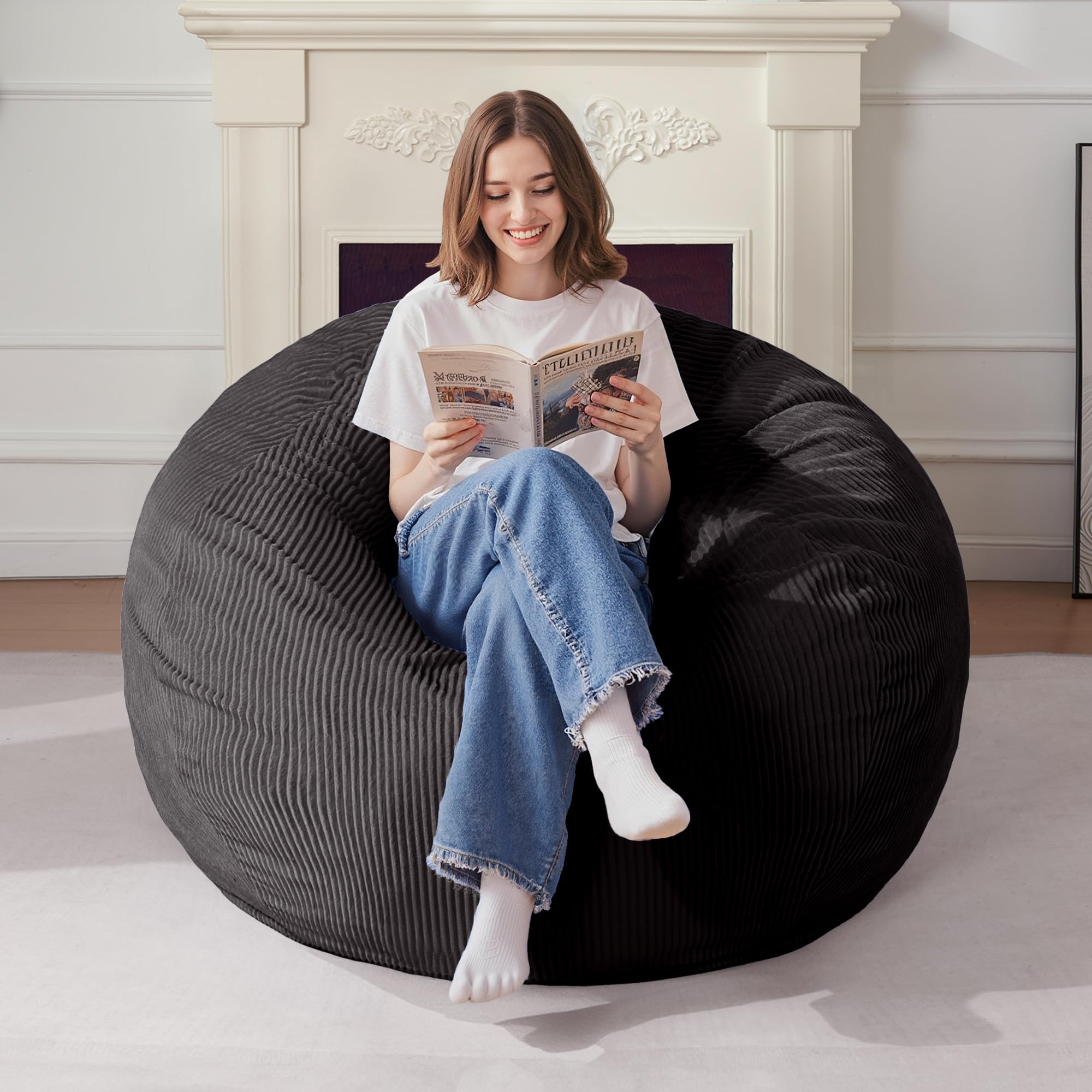 Homguava Bean Bag Chair,Teardrop Bean Bags Small Beanbag Chair with Memory Foam Filled and Ultra Soft Corduroy Cover for Living Room, Bedroom (Black 2FT)