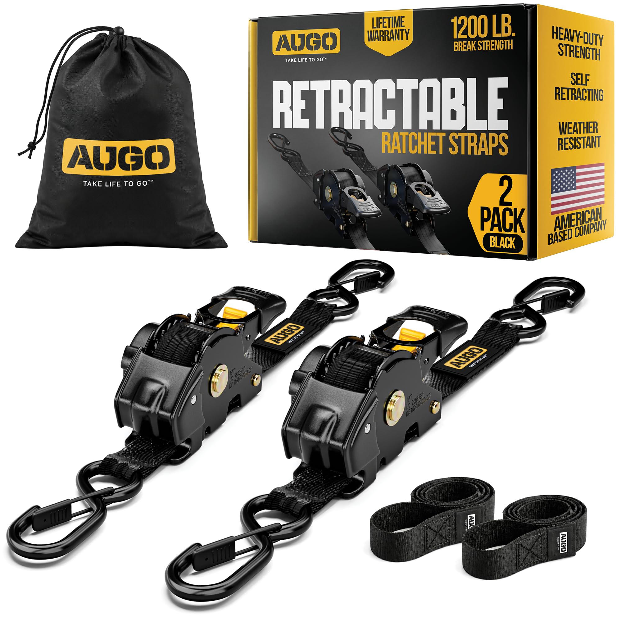AUGO Retractable Ratchet Straps | 2 Heavy Duty Ratchet Straps Self Retractable Tie Downs with Soft Loops & Storage Bag for Motorcycle, Truck, Trailer, Cargo Van | 1200 Lb Break Strength 1” x 10’