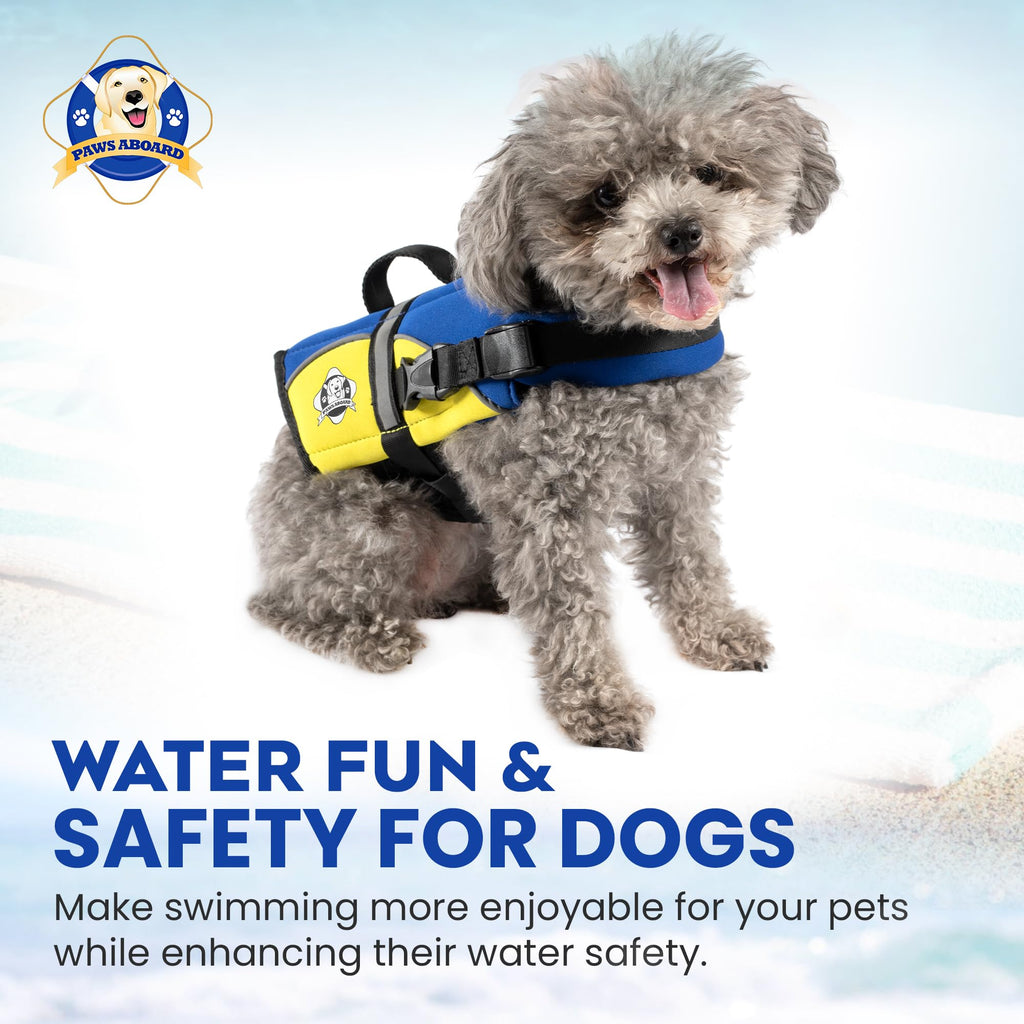 Dog Life Jacket — Premium Swim Vest with SafeChin Anti-Choke Collar | PAWS Aboard Blue & Yellow | RapidLift Rescue Handle, D-Ring, Reflective Trim | Boating, Kayaking, Pool | XX-Small (Under 6 lbs)