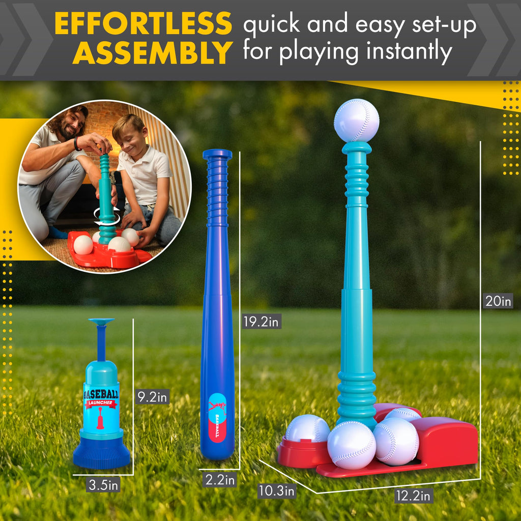 T Ball Stand for Kids and Toddlers 1-3, 3-5, 5-8. Baseball Set Includes 6 Large Balls, an Adjustable Tball Batting Tee, and a Pitching Machine. Kids Bat and Ball, T-Ball Sets for Kids