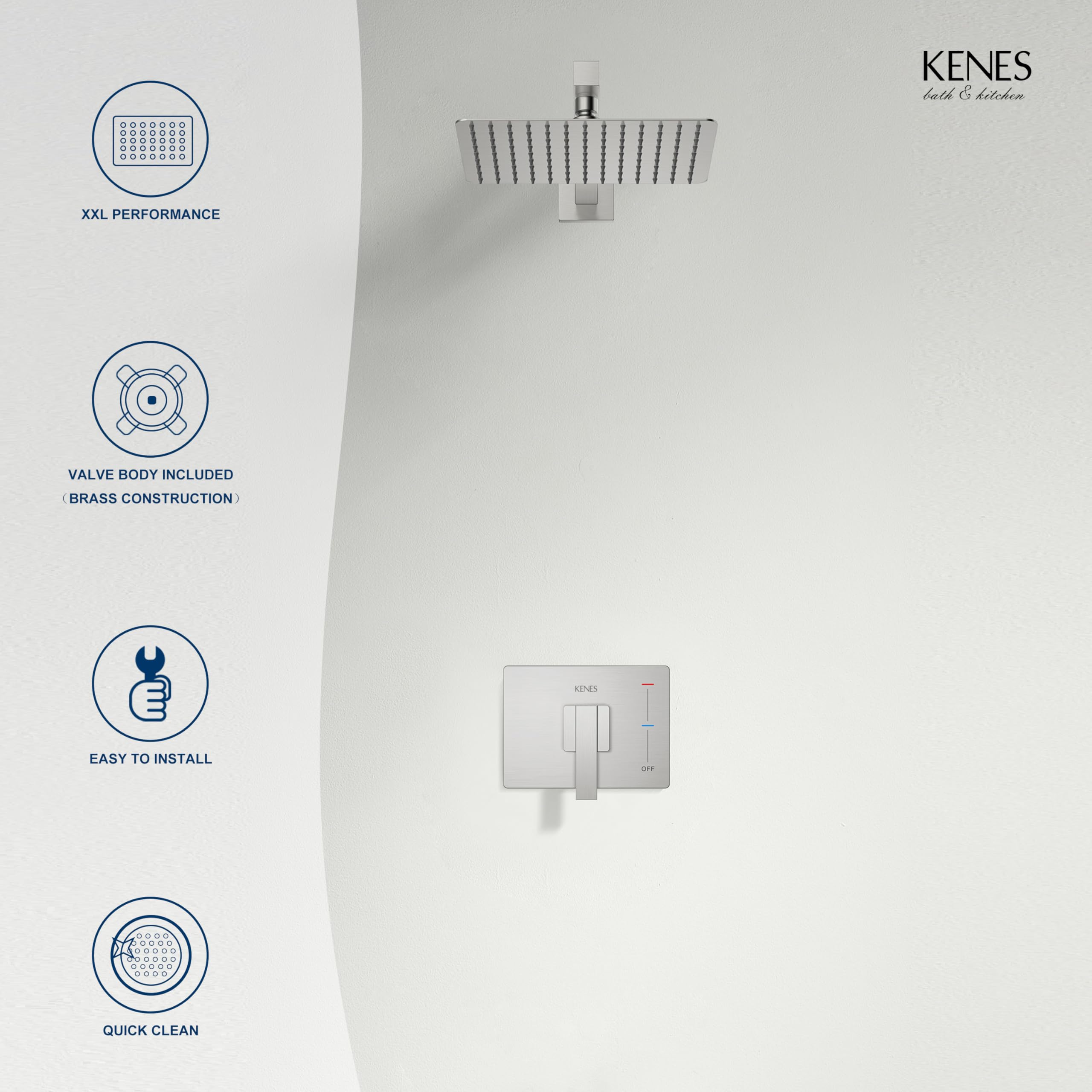 KENES Brushed Nickel 10-Inch Shower Head and Handle Set, Square Shower Faucet Set Bathroom Rainfall Shower System Wall Mount, KE-6024B (Shower Valve Included)