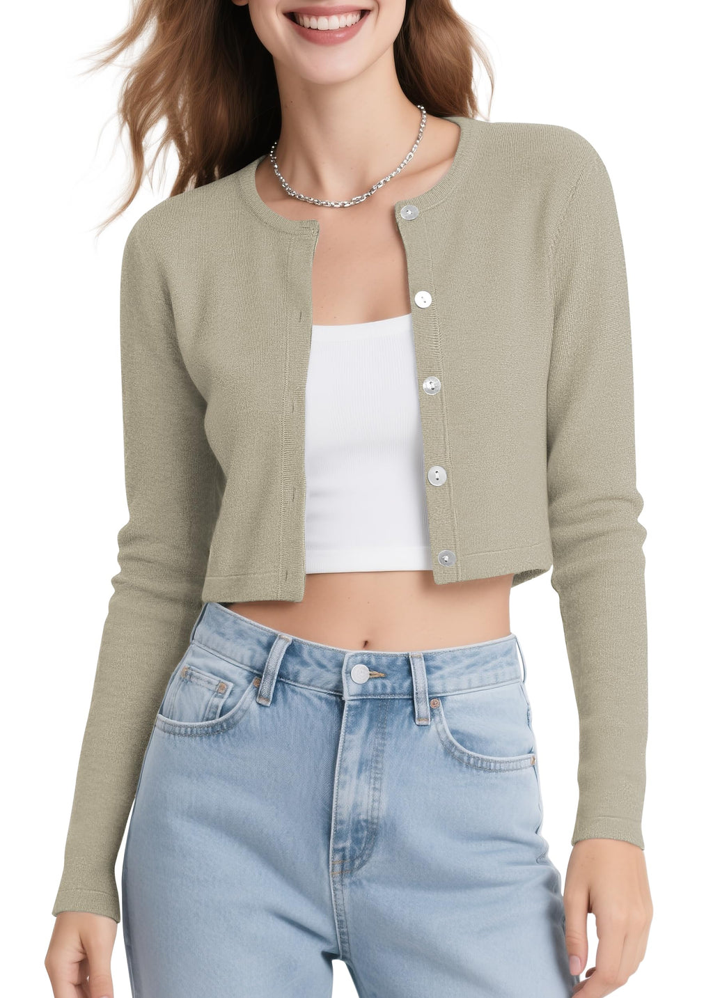 Urban CoCo Women's Long Sleeve Button Up Cropped Cardigan Sweaters for Women Crew Neck Short Bolero Shrug for Dresses
