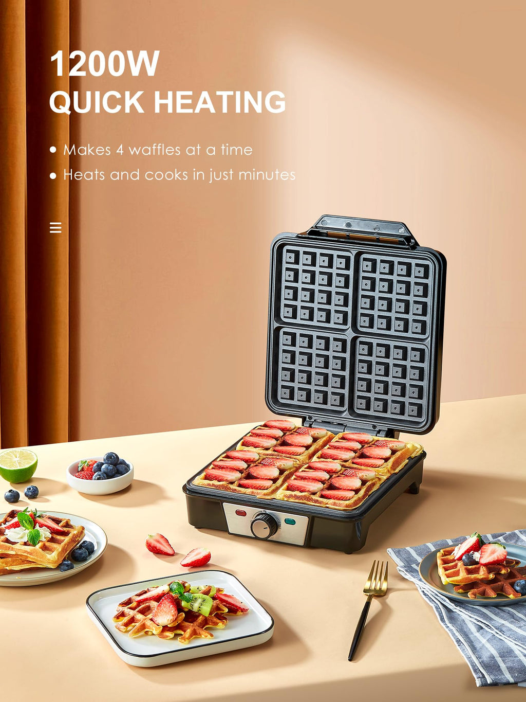 Belgian Waffle Maker 4 Slices, 1200W Waffle Iron, Anti-Overflow Waffle Iron with Browning Knob, Nonstick Plates, Indicator Lights, Silver/Black (Black, Silver)