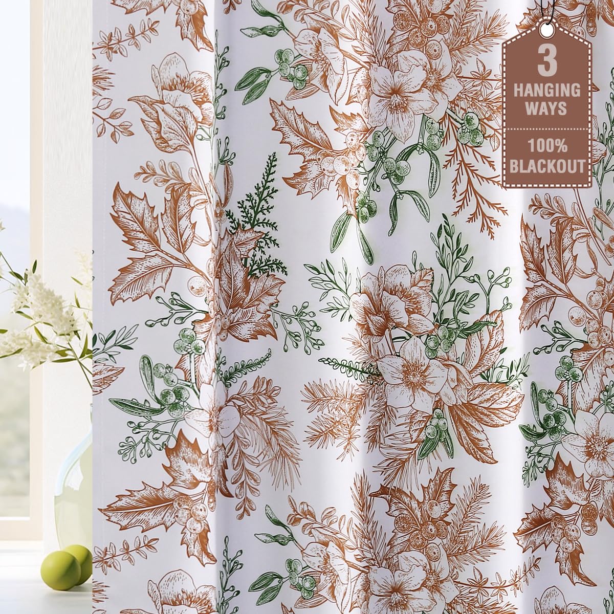 H.VERSAILTEX Blackout Curtains 63 Inch Length 2 Panels Set Floral Print Curtain Drapes for Living Room Thermal Insulated Grommet Window Curtains for Bedroom - Traditional Floral in Antique Green