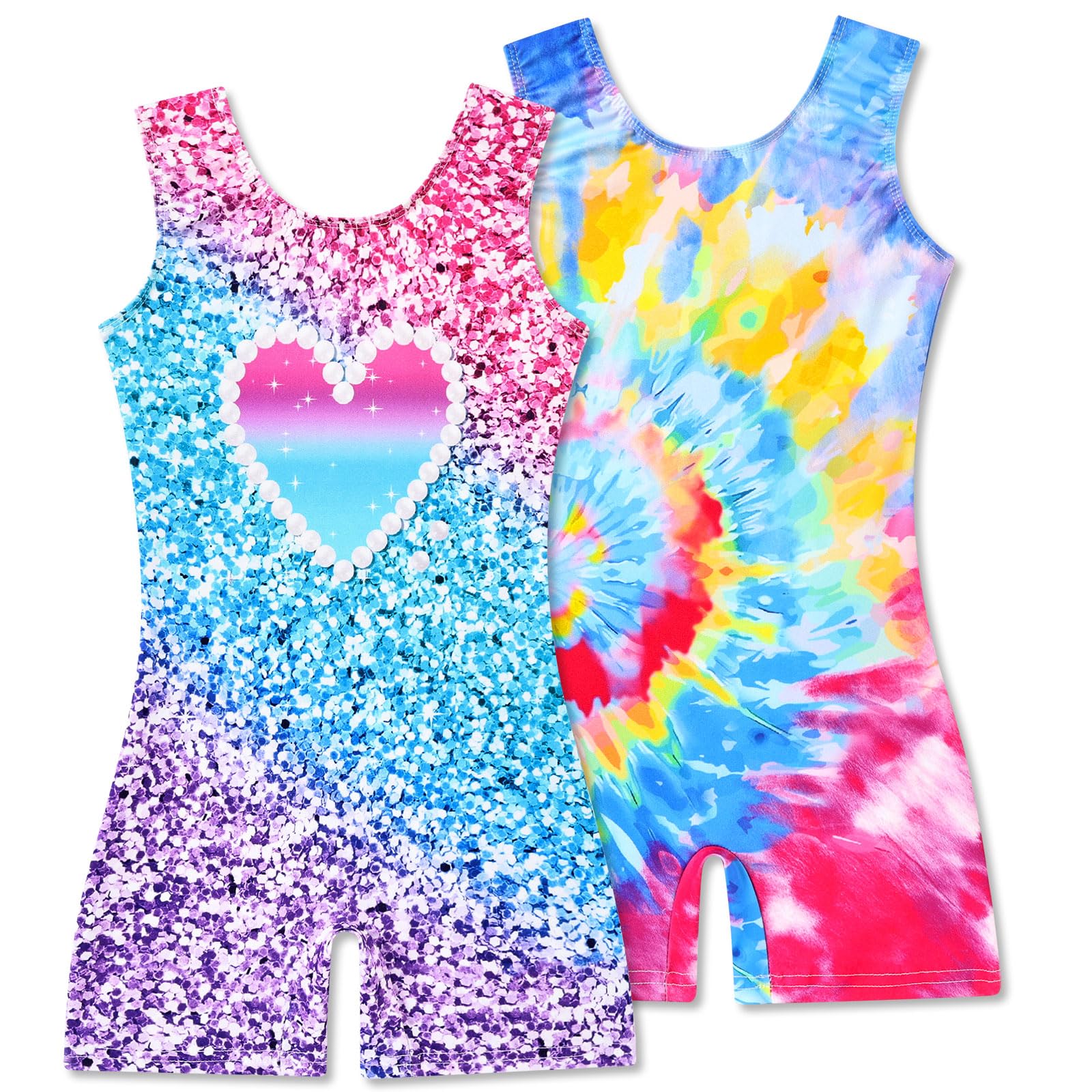 2 Packs Gymnastics Leotards for Girls Mermaid Leopard Dance Leotard Kids Biketard with Shorts