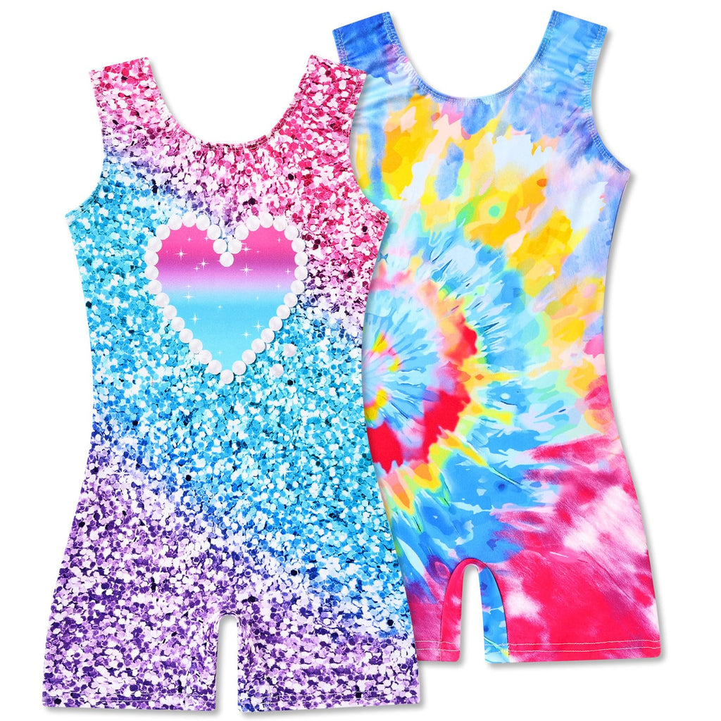 2 Packs Gymnastics Leotards for Girls Mermaid Leopard Dance Leotard Kids Biketard with Shorts