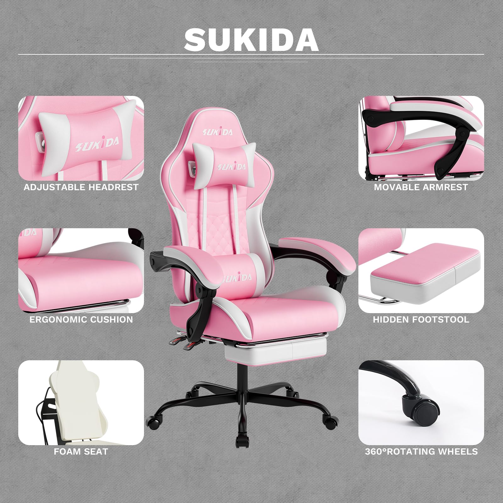 Ergonomic Video Gamer Chairs Gaming Computer Chair Gamer Chairs for Adults Massage Lumbar Support Swivel Height Adjustable Headrest Backrest