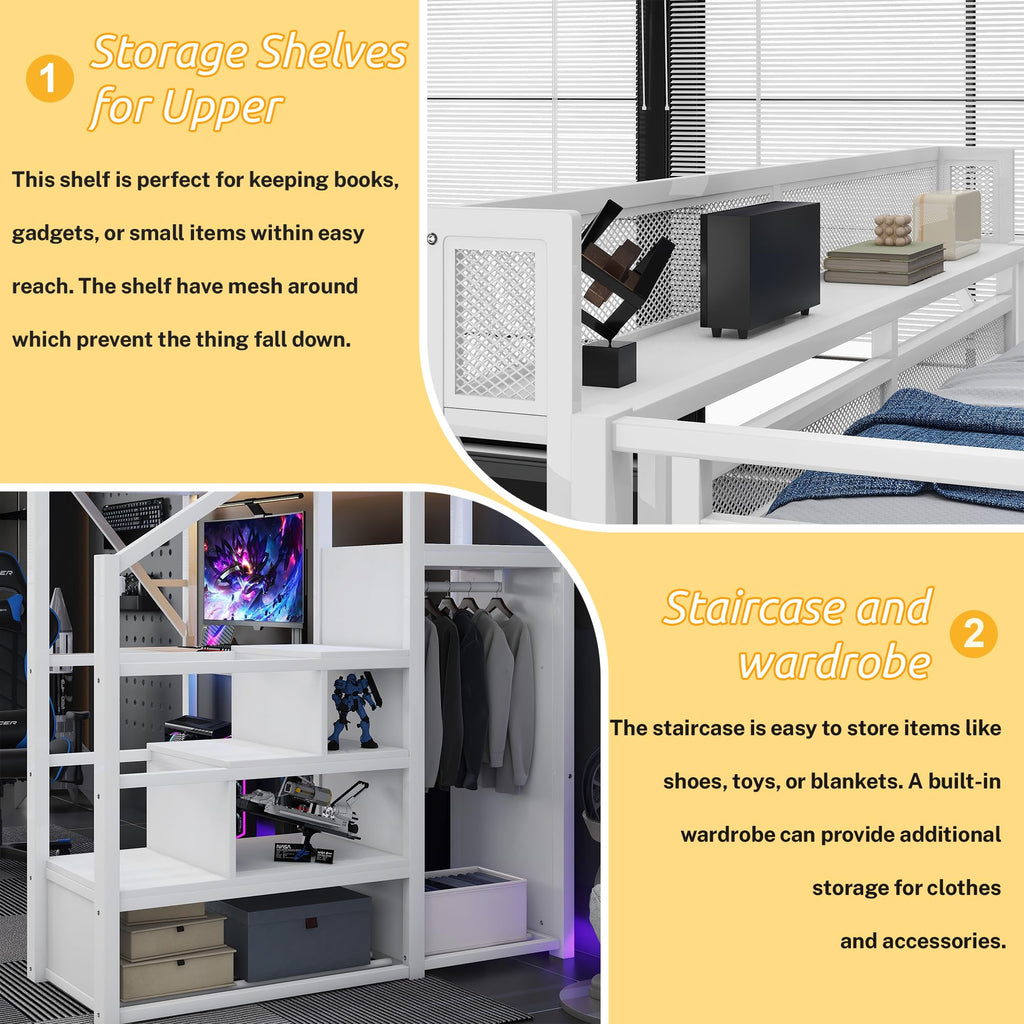 Mirightone Full Size Loft Bed with Stairs, Metal Loft Beds, High Loft Bed Frame with Storage Shelves, Lofted Full Bed with Wardrobe for Kids and Teens, No Box Spring Needed (Black)