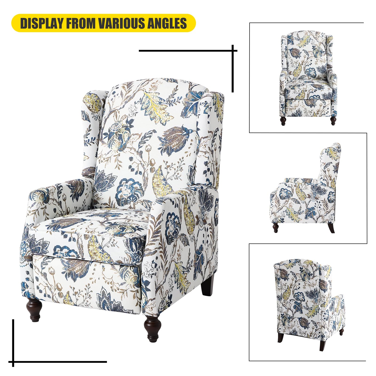 Wingback Chair with Massage and Heat, Tufted Fabric Pushback Recliner Chair, Wingback Recliner Chair with Remote Control, Padded Cushion, Wooden Legs, Small Recliners for Small Spaces