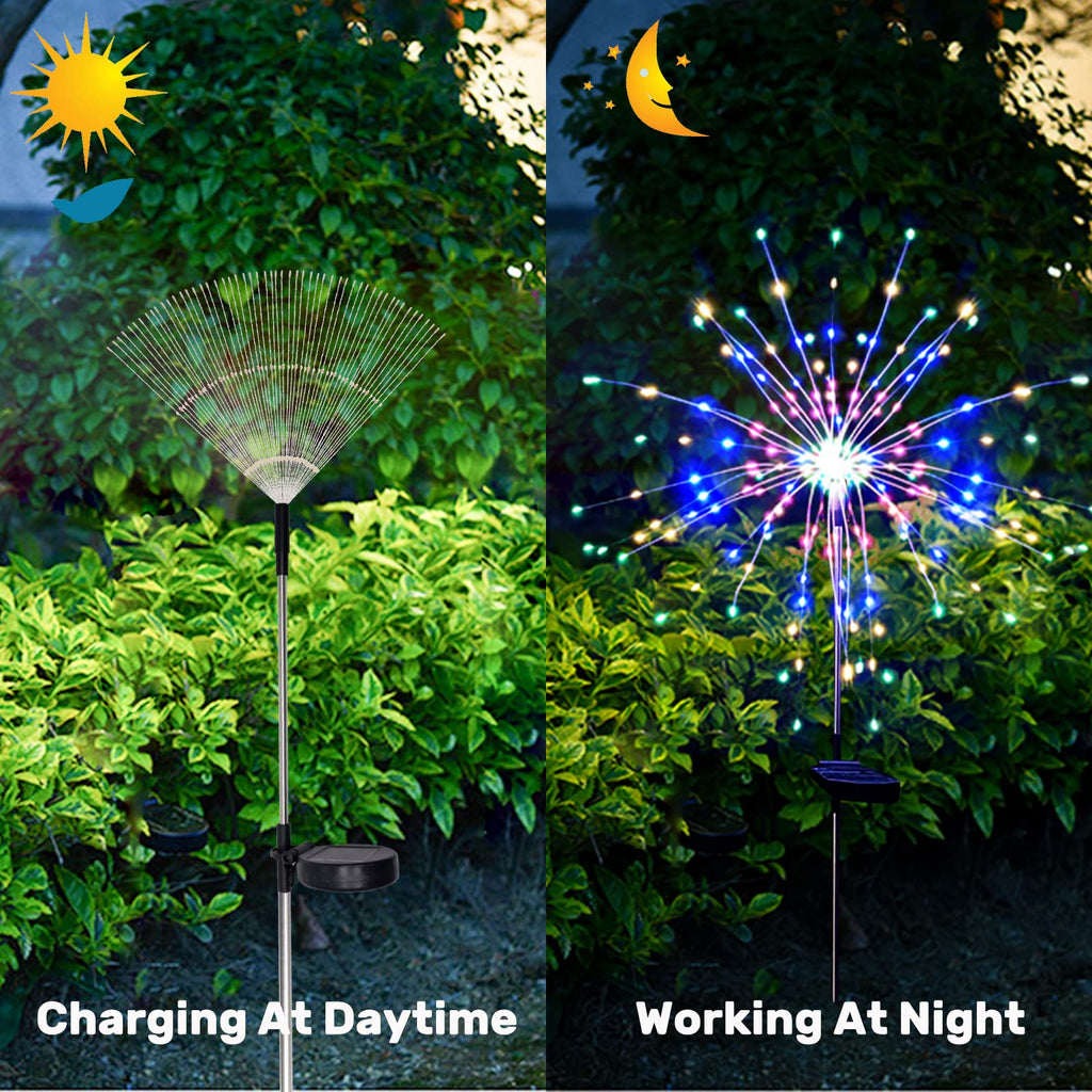 Solar Garden Firework Lights Outdoor Waterproof, 2 Pack Solar Powered Art Stake Twinkle Lighting for Outside Decor, 120 LED Sparklers String Lights for Yard Pathway Decorations(White)