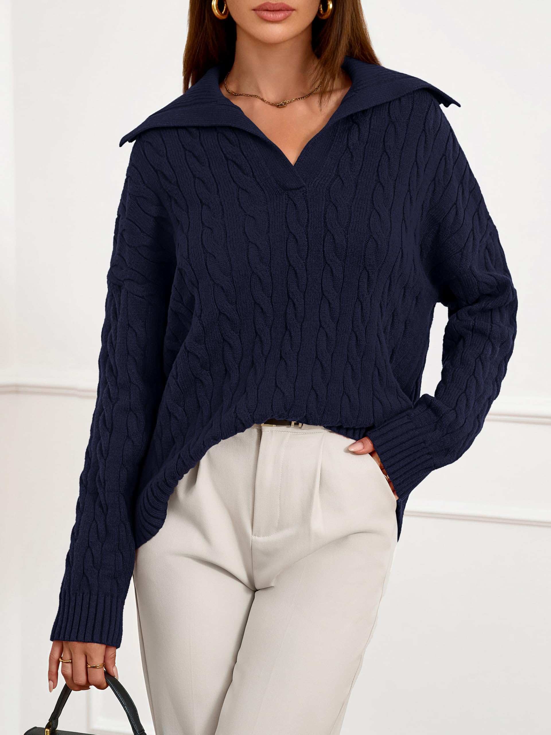PRETTYGARDEN Spring Cable Knit Oversized Sweaters for Women 2026 Polo V Neck Long Sleeve Casual Chunky Sweater Pullover Tops