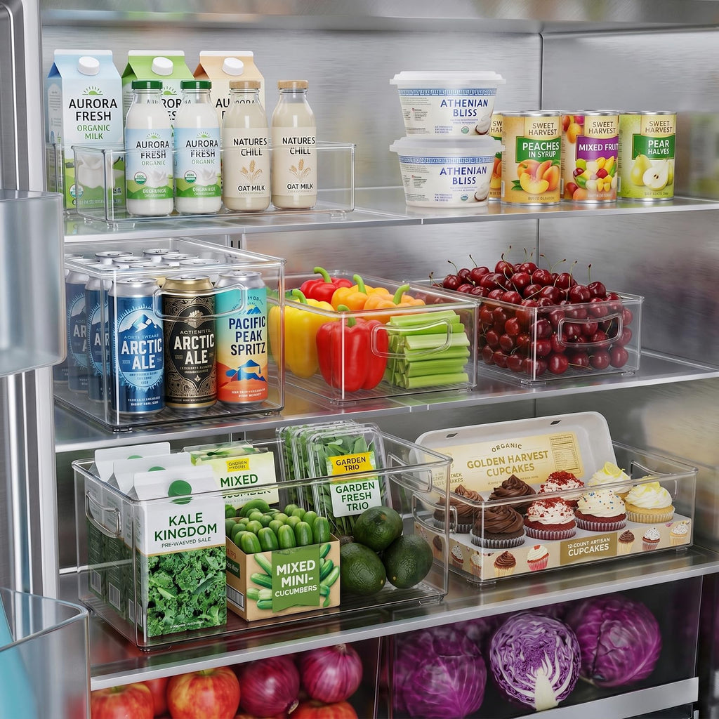 Heyuzb 2 Pack Clear Freezer Organizer Bins Stackable Storage Bins with Side Handles for Kitchen Pantry Cabinet Organzation and Storage