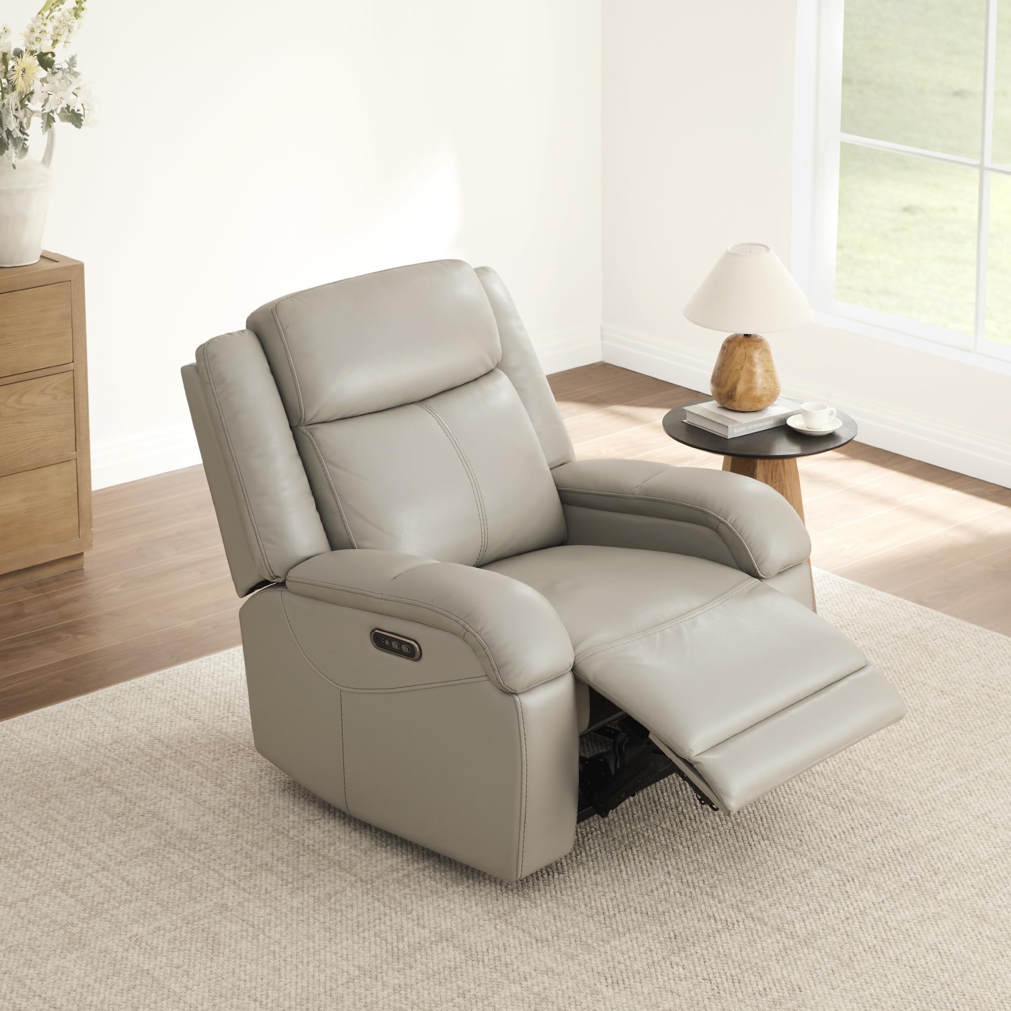 Watson & Whitely Genuine Leather Power Recliner Chairs for Adults, Wall Hugger RV Recliner with Power Headrest & Charging Ports, Electric Recliner Sofa Chair for Living Room, Black