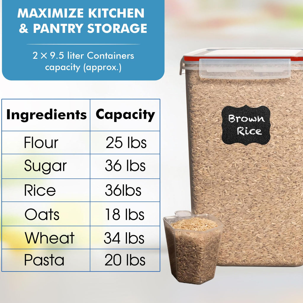 Shazo 2 PC (9.5L | 321 Oz) Extra Large Bulk Food Storage Containers with Airtight Lids for Flour, Sugar, Rice, Cereal & Pasta - Leakproof, BPA-Free Plastic Canisters for Kitchen & Pantry Organization