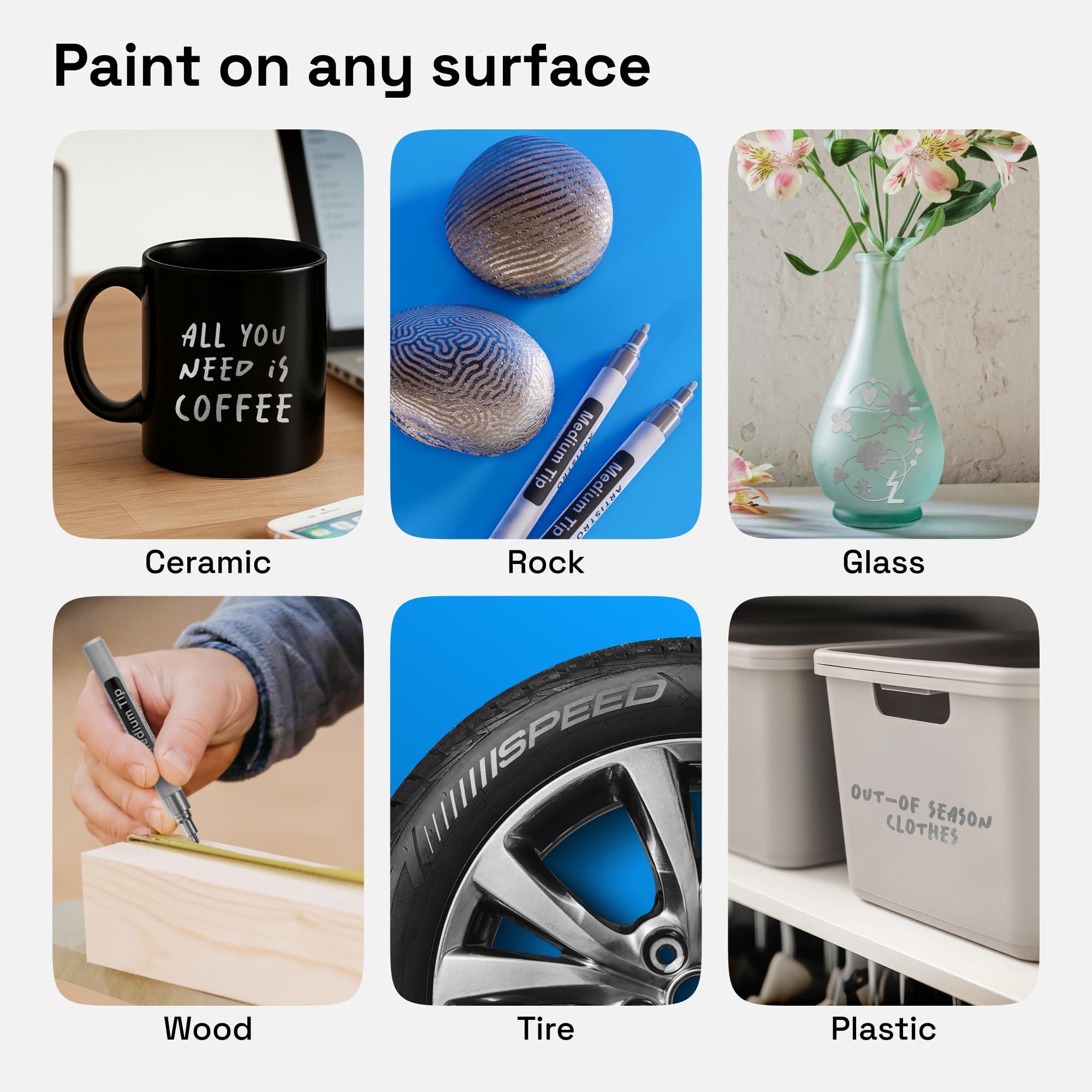 ARTISTRO 2 Black Permanent Marker - Waterproof Markers for Tire, Fabric, Rocks, Glass, Ceramic, Wood, Paper - Oil Based Paint Pens - Medium Tip 3mm