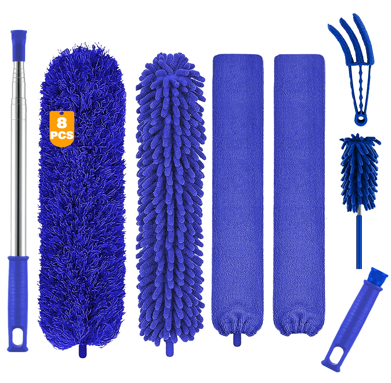Buysenton Microfiber Duster, 8PCS Feather Duster with 100 Inch Telescoping Extension Pole, Reusable Bendable Dusters, Washable Lightweight Dusters for Ceilings Fans(2023 UAGRED)