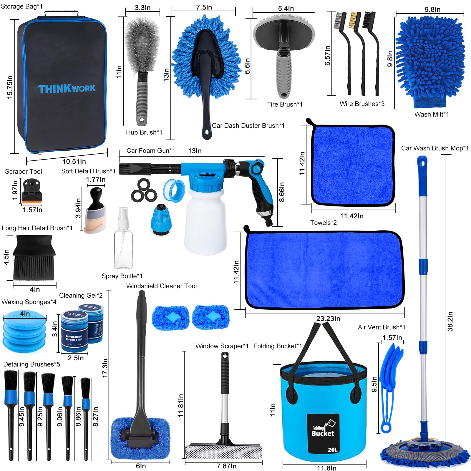THINKWORK Car Wash Kit, Car Detailing Kit with Foam Gun, Car Wash Brush Mop and Large Folding Bucket Suitable for Car Cleaning, Blue Car Wash Set Gift for Men and Women
