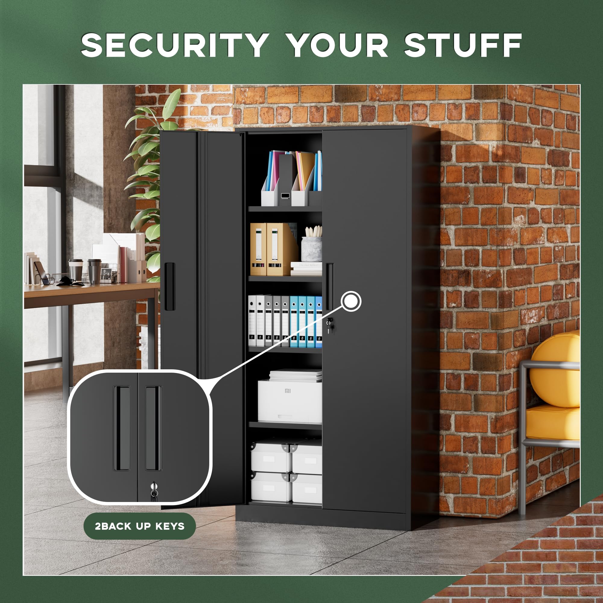 Greenvelly Metal Storage Cabinet, 36" Locking Storage Cabinet with Doors and Shelves, Lockable Storage Cabinets for Home Office, Utility Locker Cabinet, Steel Garage Cabinet with 2 Keys, Black