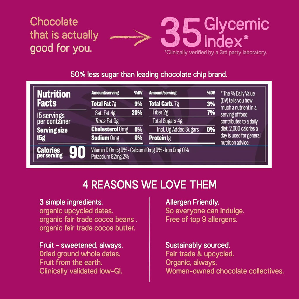 Just Date Organic Date Sweetened Dark Chocolate Chips / 65% Cacao / Vegan / No Sugar Added / Only 3 Ingredients / Low Glycemic Index / 8 Oz