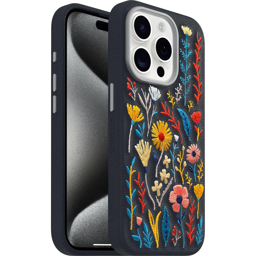 OtterBox iPhone 15 Symmetry Series Cactus Leather for MagSafe - Noir ASH (Black), Slim, Premium, Protective iPhone Case