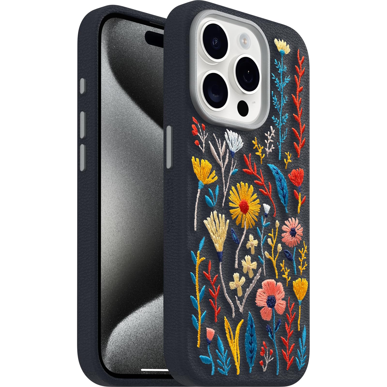 OtterBox iPhone 15 Symmetry Series Cactus Leather for MagSafe - Noir ASH (Black), Slim, Premium, Protective iPhone Case