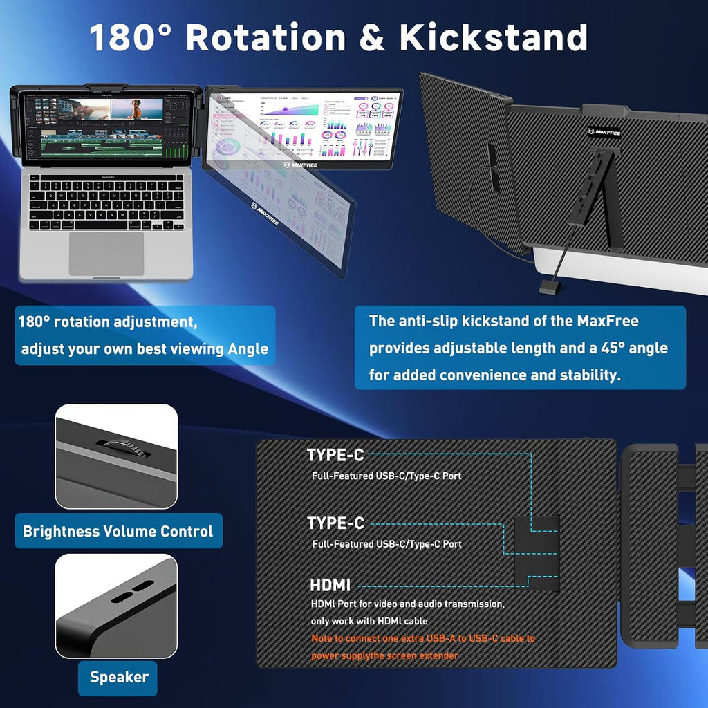 Maxfree Laptop Screen Extender, S1 14'' Laptop Monitor Extender Dual Screen Plug & Play, 1080P FHD Portable Monitor for 13.3-17'' Laptops, Compatible with macOS/Windows/Dex/Android/Switch/PS5