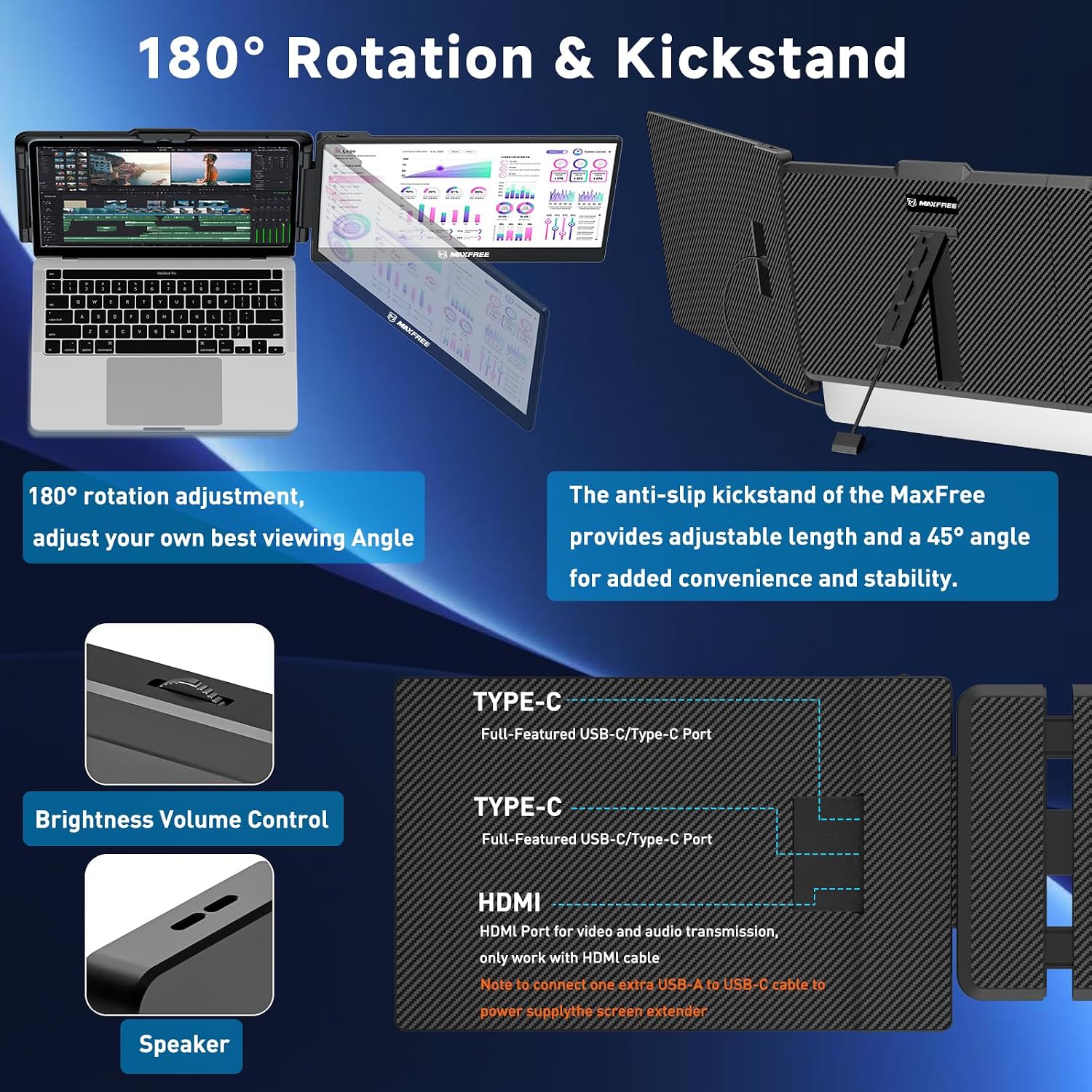 Maxfree Laptop Screen Extender, S1 14'' Laptop Monitor Extender Dual Screen Plug & Play, 1080P FHD Portable Monitor for 13.3-17'' Laptops, Compatible with macOS/Windows/Dex/Android/Switch/PS5