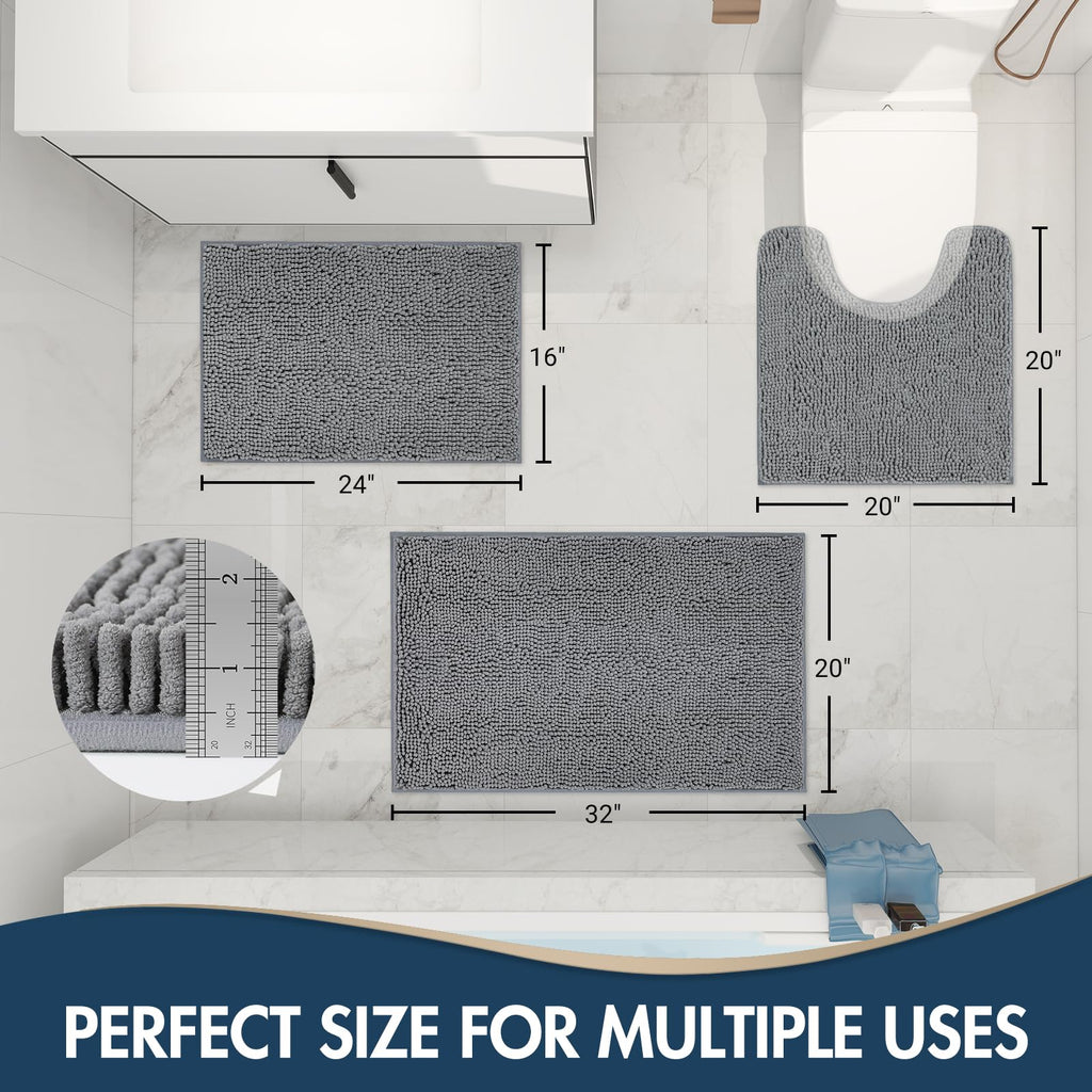TREETONE Chenille Bath Mat 3 Pieces Bathroom Rugs Set, 20x20 Inches U-Shape Contoured Toilet Mat & 20x32 Inches Rug & Lid Cover,Water Absorbent Plush Rugs for Tub Shower & Bath Room -Beige