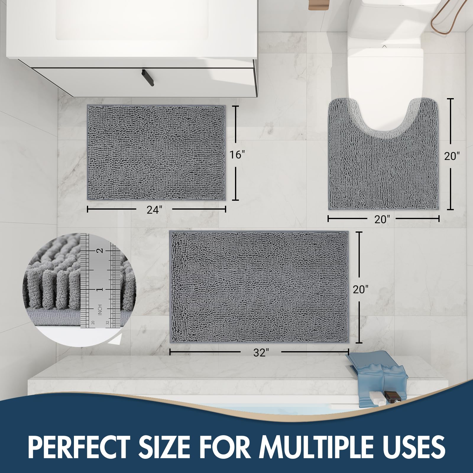TREETONE Chenille Bath Mat 3 Pieces Bathroom Rugs Set, 20x20 Inches U-Shape Contoured Toilet Mat & 20x32 Inches Rug & Lid Cover,Water Absorbent Plush Rugs for Tub Shower & Bath Room -Beige