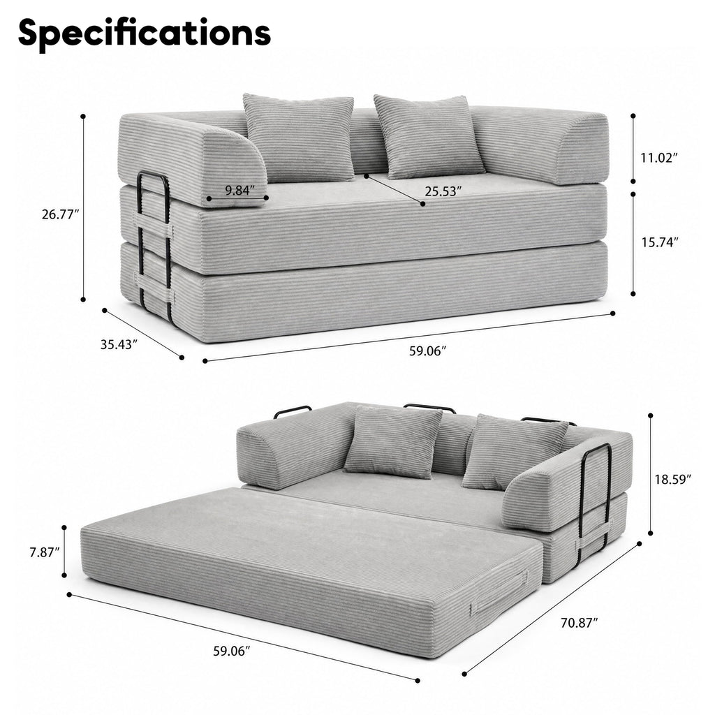 ZEIINPA 59“ Convertible Floor Sofa Bed, 5-in-1 Futon Sofa Bed Pull Out Sleeper Couch, Modern Corduroy Compressed Loveseat, Modular Boneless Couches for Living Room, No Assembly Required, Beige