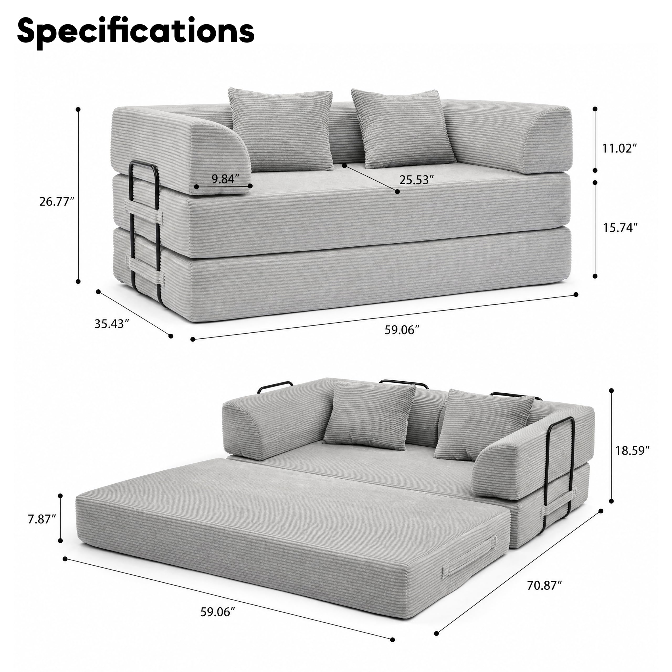 ZEIINPA 59“ Convertible Floor Sofa Bed, 5-in-1 Futon Sofa Bed Pull Out Sleeper Couch, Modern Corduroy Compressed Loveseat, Modular Boneless Couches for Living Room, No Assembly Required, Beige