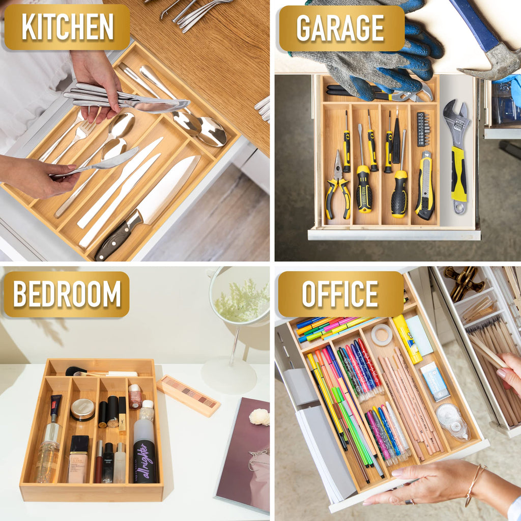 Acacia 4 Slot Silverware Drawer Organizer - Cutlery Holder with Flatware Tray