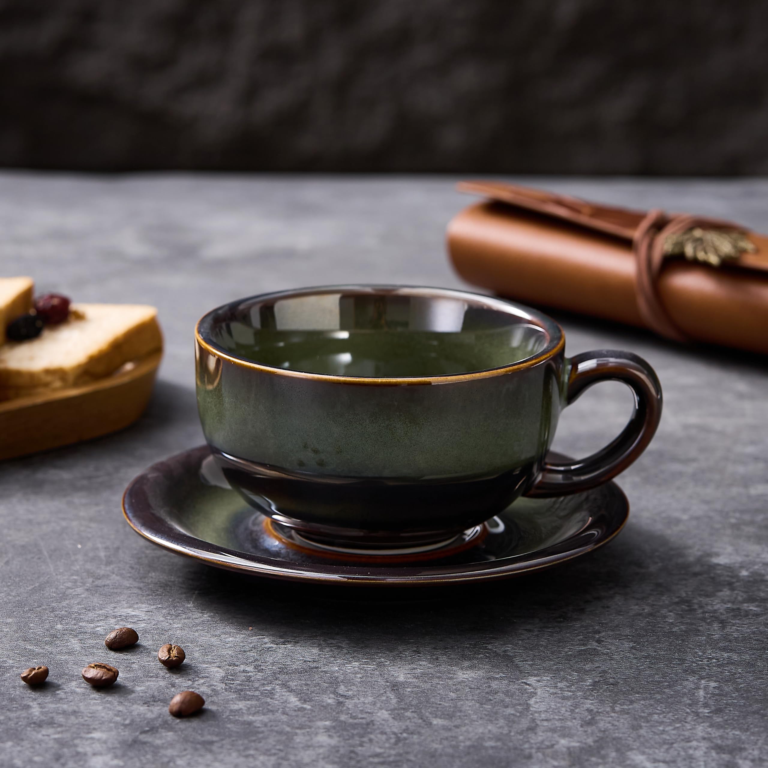 Coffeezone Vintage Design 12 oz Ceramic Latte Art Cappuccino Barista Cup with Saucer (Beige)