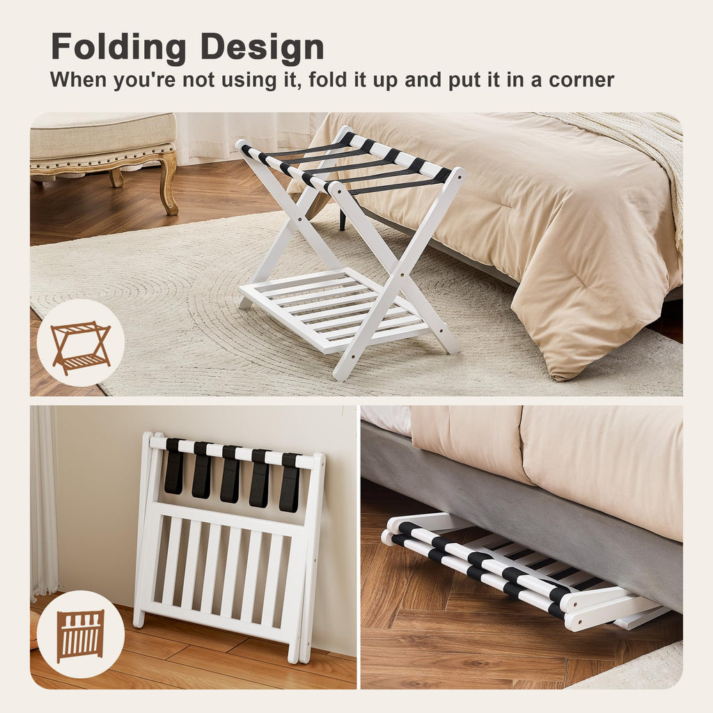 oakvivo Fully Assembled Black Luggage Rack for Guest Room, Bamboo Foldable Suitcase Stand with 5 Nylon Straps, Upgraded Luggage Rack Holder with Shelf for Bedroom Hotel, Holds up to 165 Lbs, 1pcs