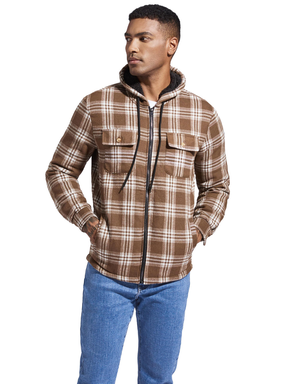 Men's Flannel Plaid Hooded Jackets Full Zip Sherpa Fleece Lined Hoodies Fashion Warm Coat
