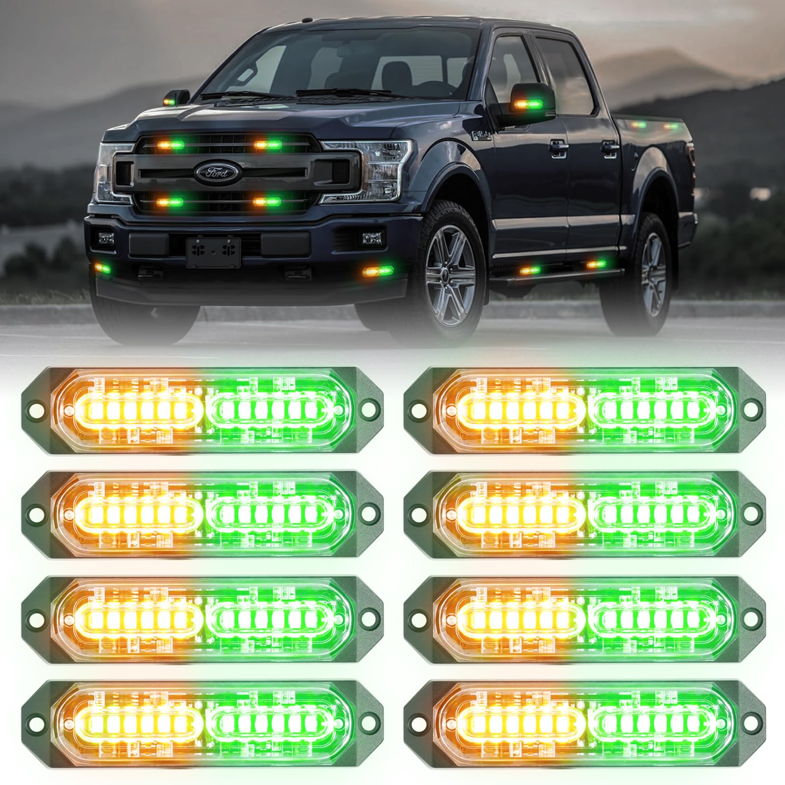 8-Pcs 12 LED Sync Feature Emergency Strobe Grille Lights Ultra Slim Surface Mount Hazard Warning Flashing Light Bar for Firefighter/Construction/Police/Trucks/Vehicles/Car/SUV (Amber/White)