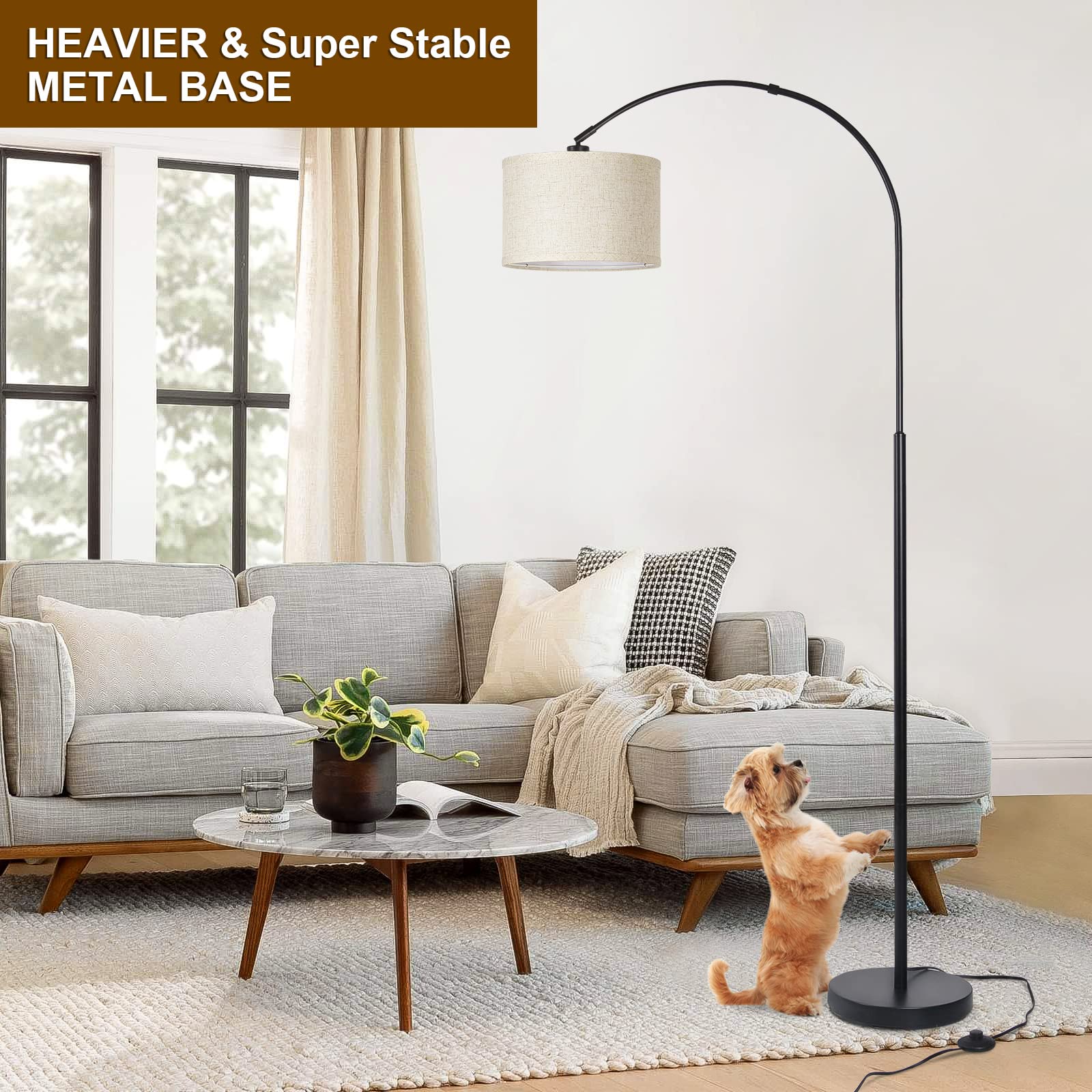 Rattan Floor Lamp, Arc Floor Lamps for Living Room, Farmhouse Standing Lamp with Adjustable Hanging Fabric Shade, Tall Pole Lamp with Foot Switch, Over Couch Arched Reading Light for Bedroom, Office