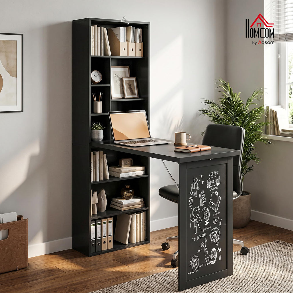 HOMCOM Foldable Convertible Writing Table, Wall Mounted Space-Saving Computer Desk with Chalkboard and Storage Shelves for Small Spaces, Home Office, Bedroom, Dorm, Apartment, Black