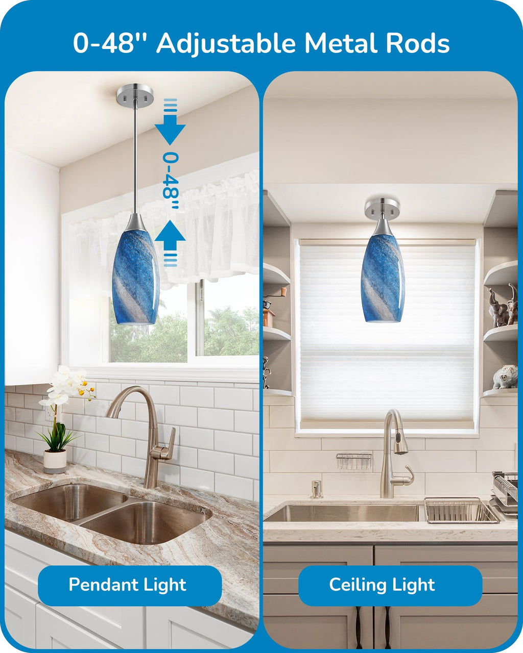 EDISHINE Pendant Light, Hand Blown Hanging Light Fixture, Adjustable Brushed Nickel Rods, 5.12" D x 11.4" H Shade, Blue Glass Pendant Lighting for Kitchen Island, Sink, Bathroom, Dining Room