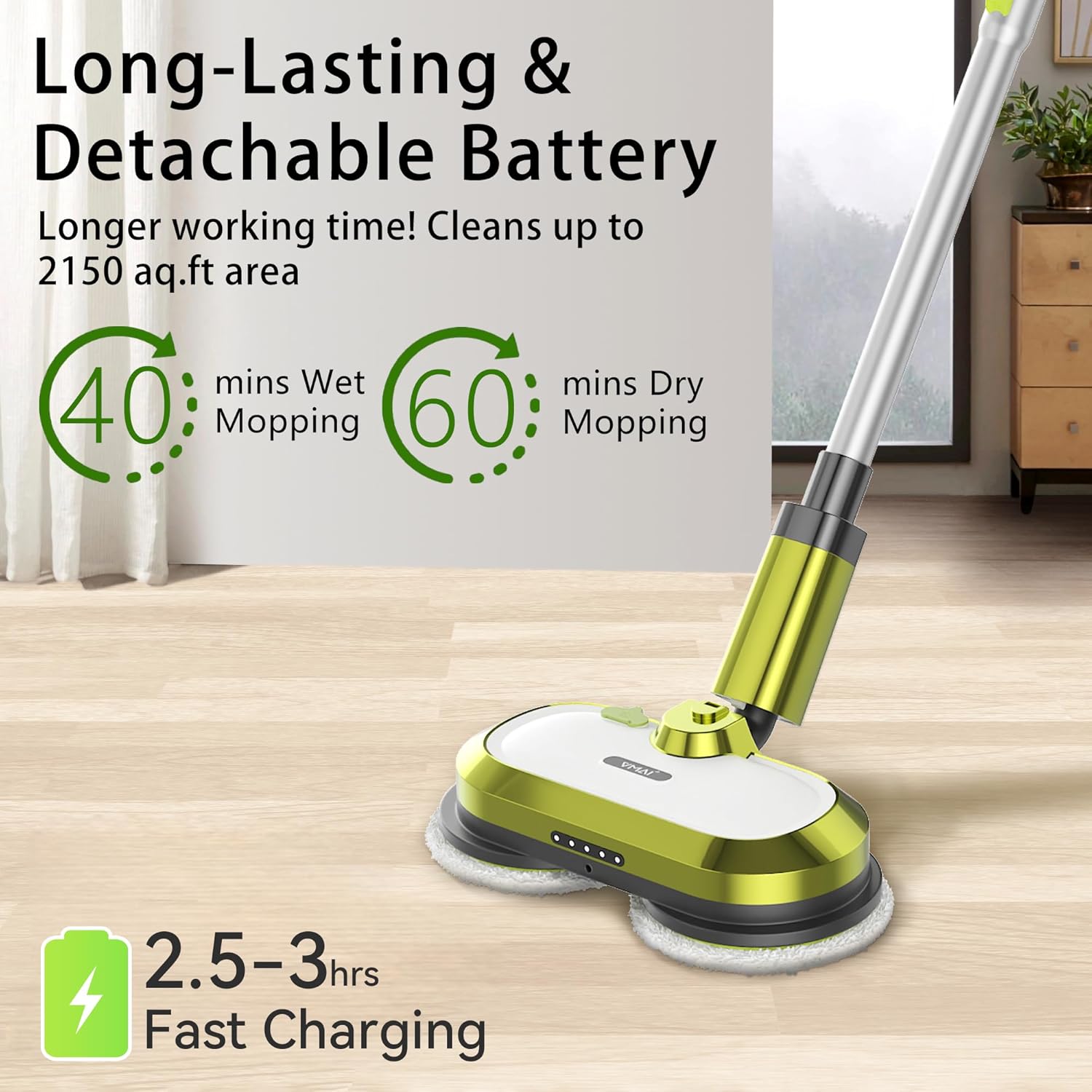 VMAI Cordless Electric Mop with Water Spray & Detachable Battery, Rechargeable Floor Spin Mop & Scrubber with LED Headlights, Washable Pads, Lightweight for Hardwood Tile Marble Floor Cleaning