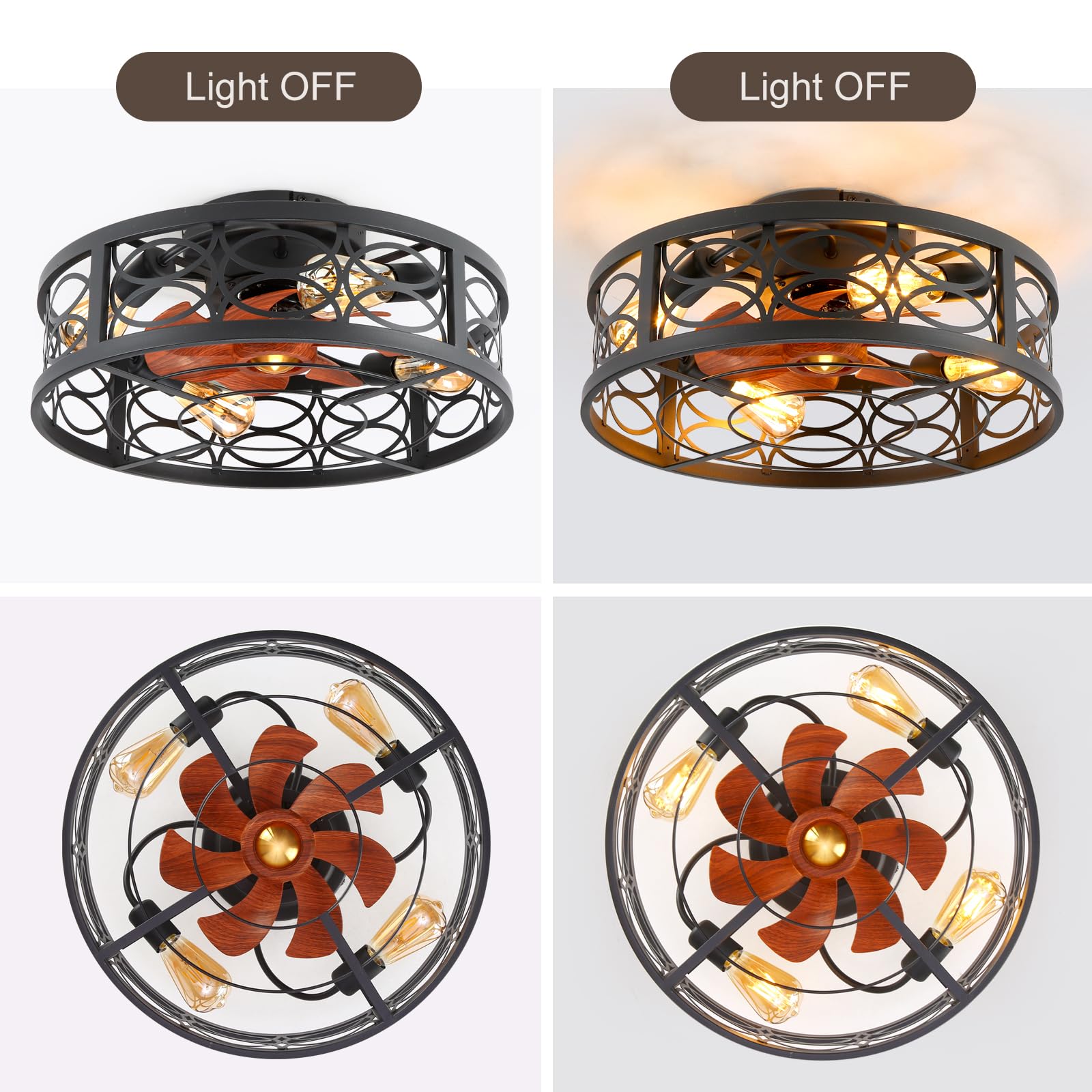 20" Boho Rattan Caged Ceiling Fan with Light,Low Profile Flush Mount Bladeless Ceiling Fan with Remote Control, 6 Speeds Reversible Silent Motor, Farmhouse Fabric Fandalier for Bedroom,Living Room