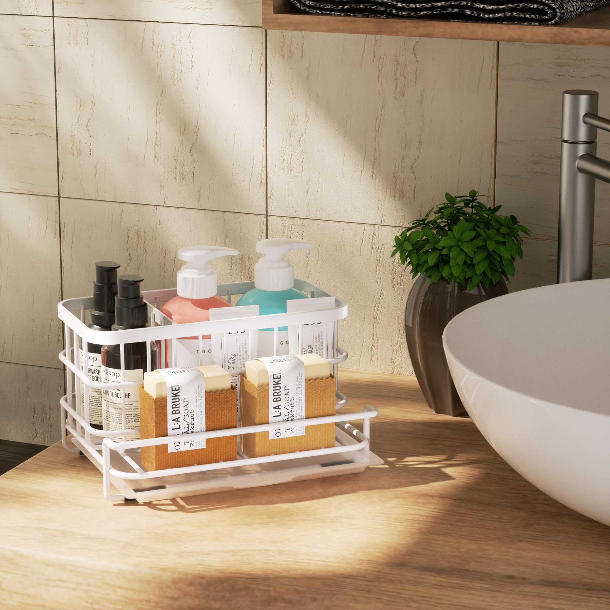 HapiRm Kitchen Sink Organizer, SUS304 Stainless Steel Rustproof Multifunctional Large Sink Caddy with Sponge Holder and Drain Tray for Kitchen Countertop (Silver)