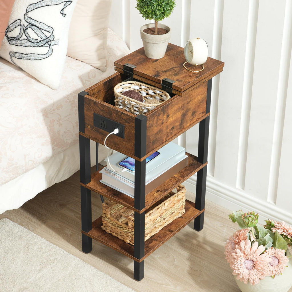 HOOBRO End Table with Charging Station, Flip Top Side Table with USB Ports, Narrow Nightstand Bedside Tables with Storage Shelves, for Small Space, Living Room, Black BK141UBZ01