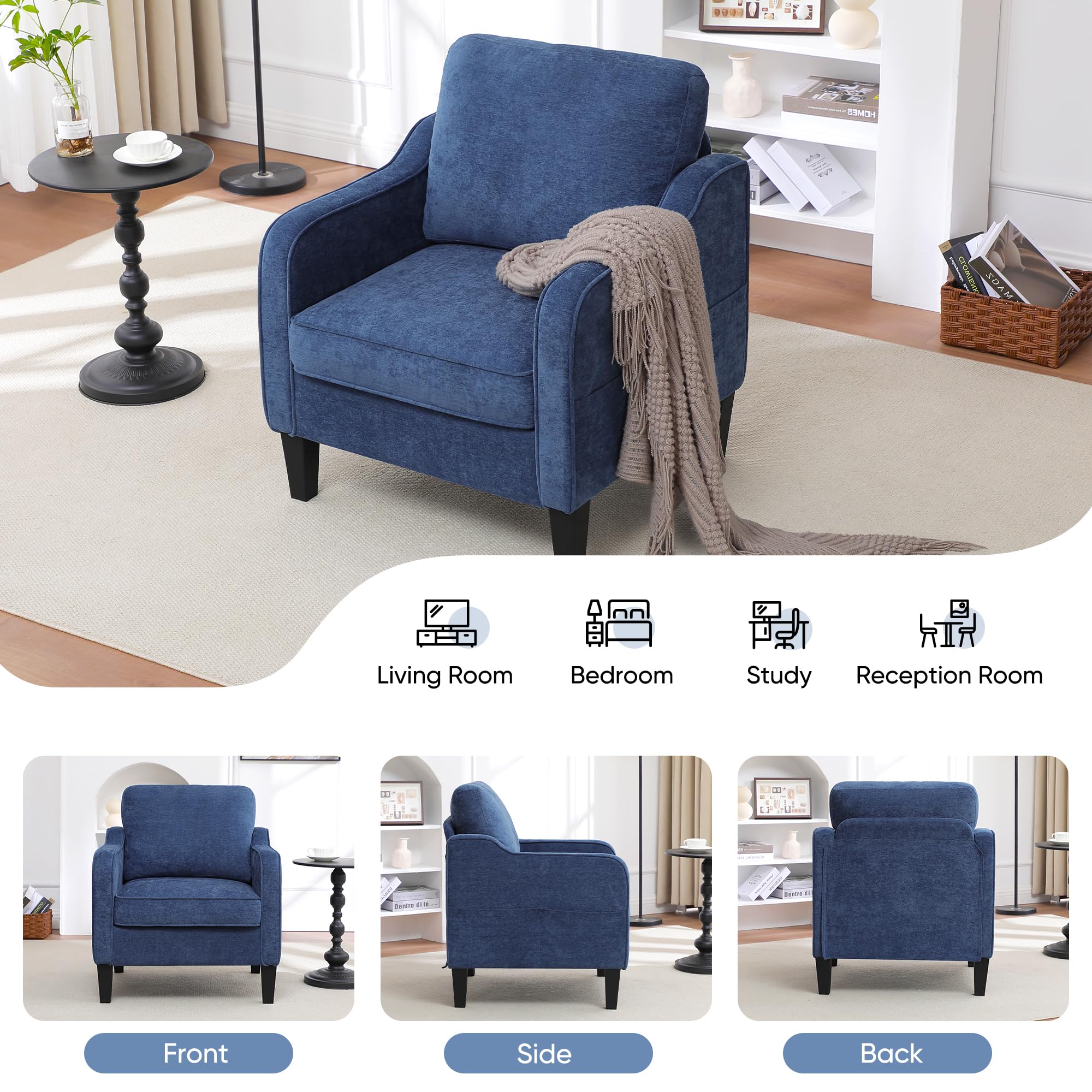 Accent Chair for Living Room, Mid Century Modern Reading Chair for Bedroom, Upholstered Armchair with Side Pockets, Comfy Single Sofa Side Chair for Office, Apartment, Small Room, Beige